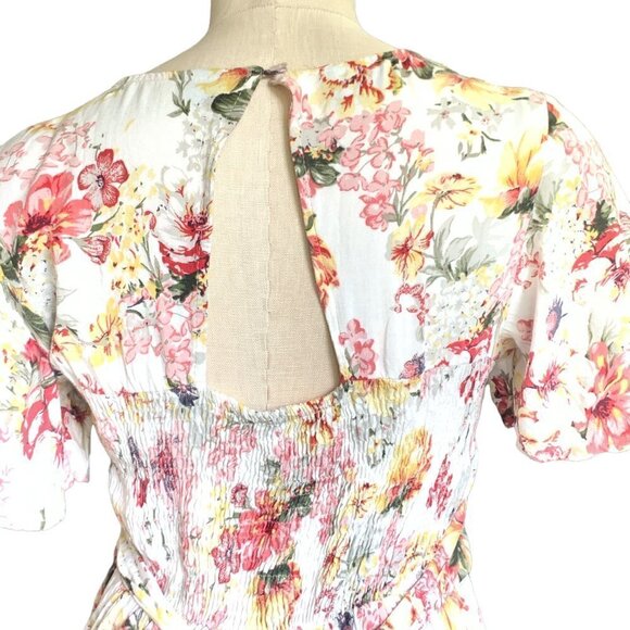 Angie Floral Walk-Through Romper/Maxi Dress Smocked Cutout Back M #60F - Picture 6 of 8